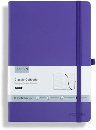 POPRUN A5 Lined Journal Notebooks, Leather Hardcover Thick Notebook for Writing, Business Work, Travel, School, College, Christmas, 5.5 x 8.3 inch, 240 Pages Classic Ruled Journals Notepad, Purple