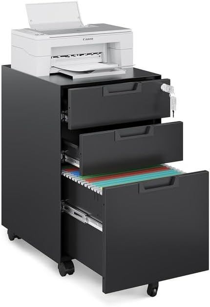 Mobile File Cabinet,3 Drawer Locking Storage Filing Cabinet,Office Metal Storage Cabinet on Wheels for Legal/Letter/A4 File(Fully Assembled,Black)
