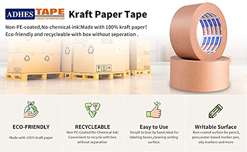 ADHES Heavy Duty Paper Packing Tape Kraft Paper Tape, Eco Friendly & Biodegradable, Writable & Uncoated Brown Packing Tape for Masking, Sealing, and Packaging Use, 2 Inch x 43 Yards, 3 Rolls