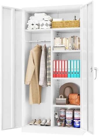 Greenvelly Metal Storage Cabinet Locker with Locking Doors,72" Metal Wardrobe Cabinet, Steel Storage Wardrobe with Hanging for Home Office, Garage, School, Gym(White 36" ×18")