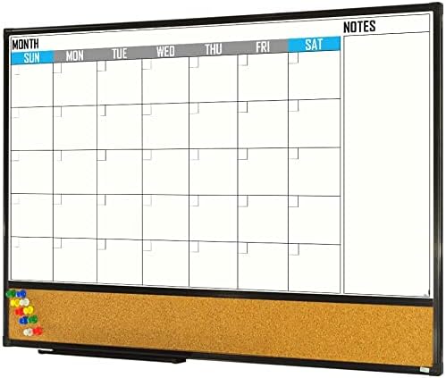 XBoard Dry Erase Calendar Whiteboard 48 X 36 - Combo White Board Calendar Monthly, Magnetic White Board + Corkboard with Black Aluminum Frame, Colorful Push Pins & Marker Tray Included