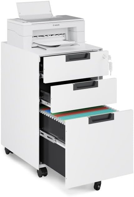 Mobile File Cabinet,3 Drawer Locking Storage Filing Cabinet,Office Metal Storage Cabinet on Wheels for Legal/Letter/A4 File(Fully Assembled,White)