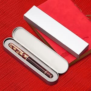 Hongdian N8 Red Acrylic Fountain Pen, Long Blade Fine Nib Rose Gold Trim Maple Leaves Carving Cap, Smooth Writing Pen with Converter and Metal Pen Box Set