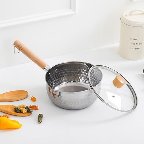 2 Quart Stainless Steel Pot With Glass Lid. Traditional Japanese Saucepan Wth Wood Handle, Multipurpose Sauce Pan With Two Side Pour Spouts & Measurement Line, Great for Ramen, Milk etc.