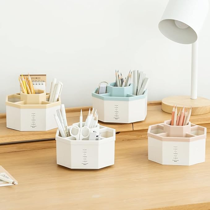 Desk Organizer, 360-Degree Rotating Multi-Functional Pen Holder, 5 Compartments Desktop Stationary Organizer, Home Office Art Supply Storage Box Caddy (White)