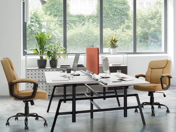 CLATINA Brown Office Computer Chair PU Leather Executive Swivel Adjustable Height Chairs with Upholstery Fixed armrest Mid-Back Leather Thick Cushion Office Chair Brown 4Pack