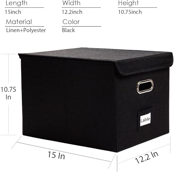 PRANDOM File Organizer Box - Set of 4 Collapsible Decorative Linen Filing Storage Hanging File Folders with Lids Office Cabinet Letter Size Black (15x12.2x10.75 inch)