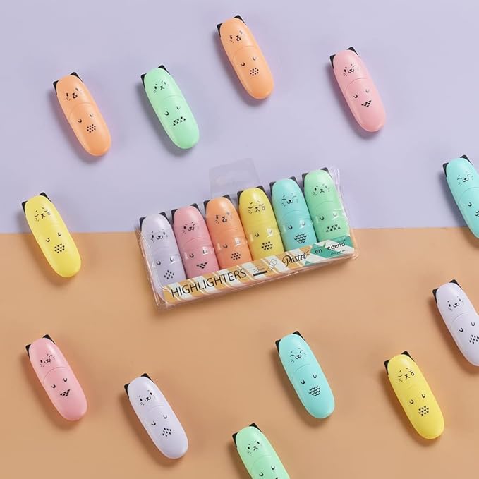 6 pieces Cat Shape Cute Mini Highlighter Pen Pastel Color Chisel Tip Kawaii Kids Stocking Stuffers Gift Highlighter Marker