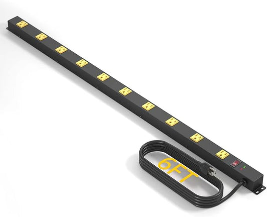 10 Outlet Long Power Strip Surge Protector, Heavy Duty Industrial Metal Power Strip 6 Feet, Wall Mountable, for Work Bench, Shop, Garage, Black (1000 Joules)