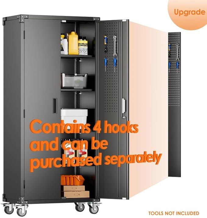 Aobabo Garage Storage Cabinet with Wheels,72" H Metal Storage Cabinet with 2 Doors and 4 Adjustable Shelves for Garage Home, Black,Required-Assembly