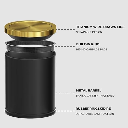 4GAL Bathroom Trash Can with Lid, Small Trash Can with Bronze lid,Black and Gold Waste Basket for Bathroom,Kitchen,Living Room,Hotel,Office (Black)