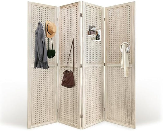 Room Divider, 5.6FT Folding Room Divider Panel, 4 Panel Pegboard Display Wood Partition Wall Divider for Room Separation& Craft Shows, Natural Wood