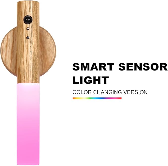 LANDGOO Motion Sensor Night Light RGB & Touch Control | USB-C Rechargeable Ash Wood Wall Sconce | Bathroom/Bedroom Light for Hallway, Stairs, Nursery, Closet, Vanity, Party
