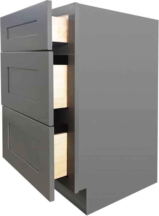 Shaker Style Pebble Grey RTA RTA Base Drawer Cabinet by Solid Wood for Kitchen, Bathroom, Bedroom or Office with 3 Drawers and Soft Close(21" W x 24" D x 34-1/2" H)