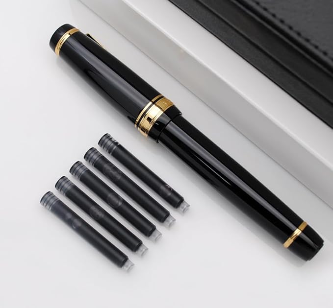 Metal Big Fountain Pen, Medium Nib 0.7mm, Includes Ink Converter & 5 Cartridges, Glossy Piano Painted Finish (Black)