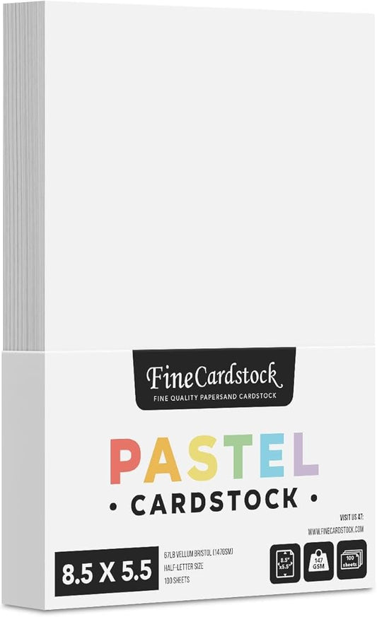 Half Letter Size, 8.5" x 5.5" Pastel Color Cardstock Paper for Arts and Crafts, Scrapbooking, Stationery Printing | Medium Weight 67lb Vellum Bristol (147gsm) Card Stock | 100 Sheets per Pack | White