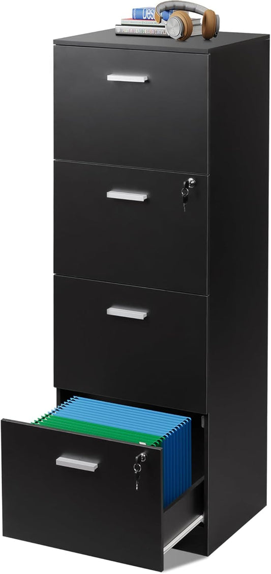 DEVAISE 4 Drawer File Cabinet with Lock, Vertical Filing Cabinet for A4/Letter Size Files, Wood Storage Organizer for Home Office, Black