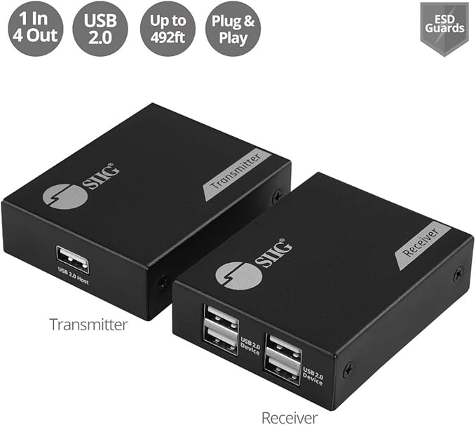 SIIG 4-Port USB 2.0 Extender 492ft Over Cat6/ 7 Cable, Cat5e Cable up to 330ft, Plug and Play, High Speed Transfer, for PC, Surveillance, Video Conference, Gaming (JU-EX0411-S1)