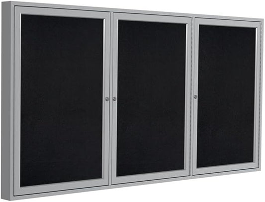 Ghent 48" x 96" 3-Door indoor Enclosed Recycled Rubber Bulletin Board, Shatter Resistant, with Lock, Satin Aluminum Frame,Black (PA34896TR-BK)-Made in USA