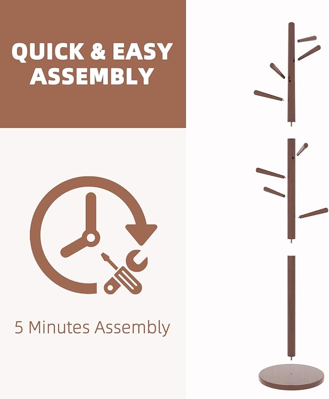Uniclinens Coat Rack Freestanding Solid Wood Coat Tree Standing with 8 Hooks, Coat Rack Stand Creative Tree Branch-Look (Walnut)