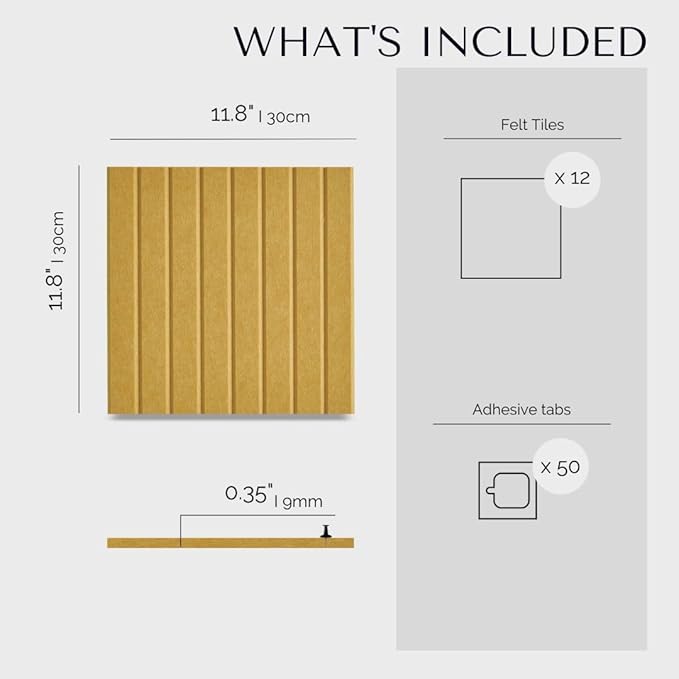 Large Cork Boards for Walls Black Felt Alternative - Slat Wall Paneling, Bulletin Board Tiles for Home Decor, Push Pin Corkboard Organizer for Office or Classroom-12-Pack Panel Kit (Mustard)