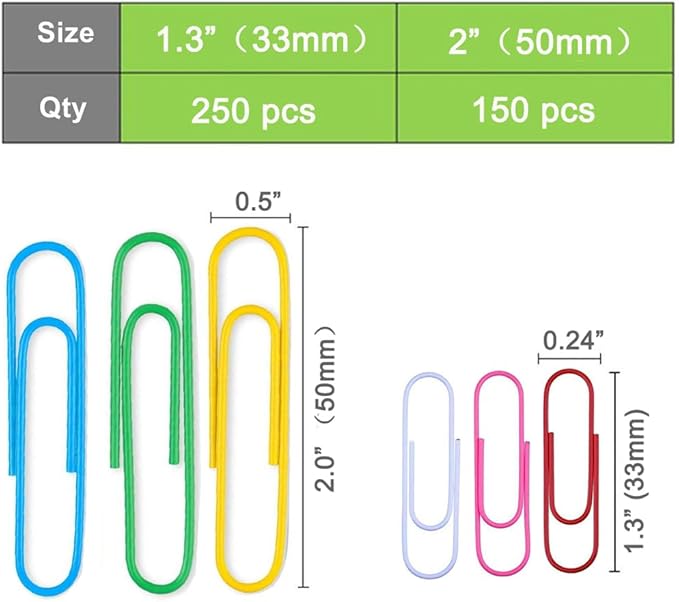 Vinaco Paper Clips Colorful, 400PCS Medium and Jumbo(1.3 inch & 2 inch) Paper Clips, Durable and Rustproof, Coated Large Paperclips Great for Office School Document Organizing (Multicolored)