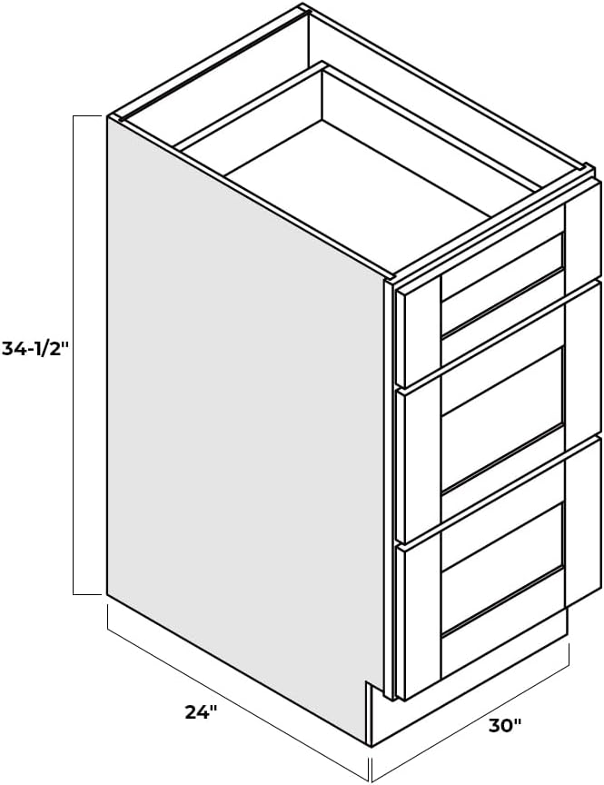 Shaker Style Grey RTA Base Drawer Cabinet by Solid Wood for Kitchen, Bathroom, Bedroom or Office with 3 Drawers and Soft Close (30" W x 24" Depth x 34-1/2" H)