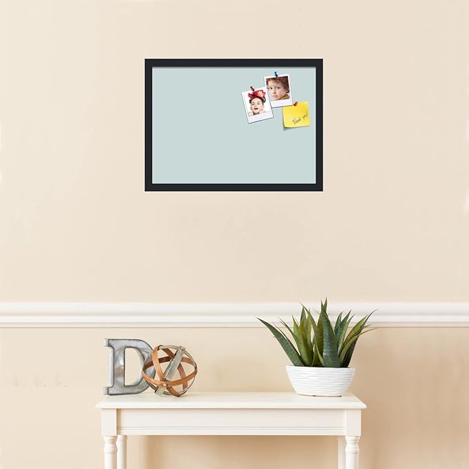 PinPix 21x15 Inch Cork Bulletin Board. This Decorative Framed Pin Board Comes with Soft Blue Design and a Satin Black Frame. Ideal for Home Office Decor or Message Board (PinPix-1814)