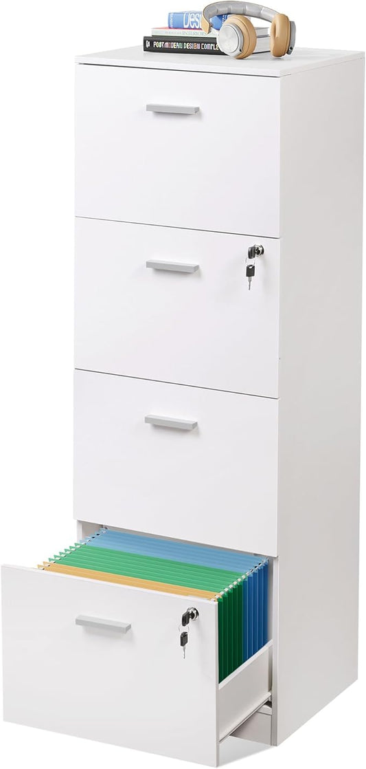 DEVAISE 4 Drawer File Cabinet with Lock, Vertical Filing Cabinet for A4/Letter Size Files, Wood Storage Organizer for Home Office, White