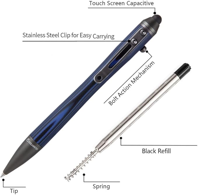 Cool Hand 5.7'' Bolt Action Pens, EDC Ballpoint Ink Refillable, Stylus for Touch Screen, G10 Body w/Pocket Clip, Ergonomic Grip, with a Free Refill, 5374-N