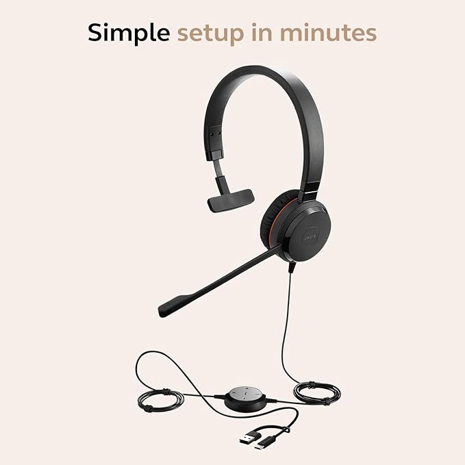 Jabra Evolve 30 II Wired Single-Ear Headset with Mic for Work - 3.5mm Jack, USB-A/USB-C Connectivity, Computer Headset with Noise-Cancelling Microphone, Microsoft Teams Certified, Call Control - Black