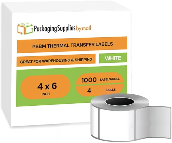 PSBM Thermal Transfer Labels, 4x6 Inch, 4 Rolls, 1000 Labels/Roll, 3 Inch Core, Perforated, Must Have Thermal Ribbon (Not Included)