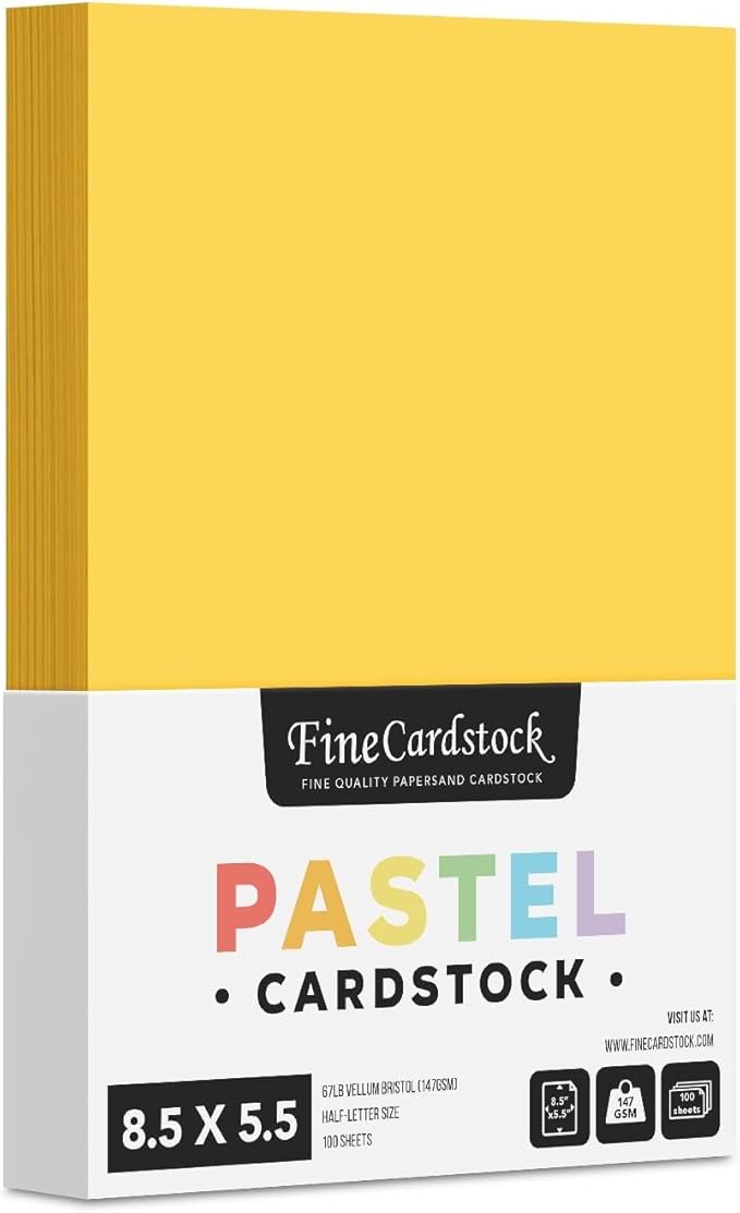 Half Letter Size, 8.5" x 5.5" Pastel Color Cardstock Paper for Arts and Crafts, Scrapbooking, Stationery Printing | Medium Weight 67lb Vellum Bristol (147gsm) Card Stock | 100 per Pack | Goldenrod