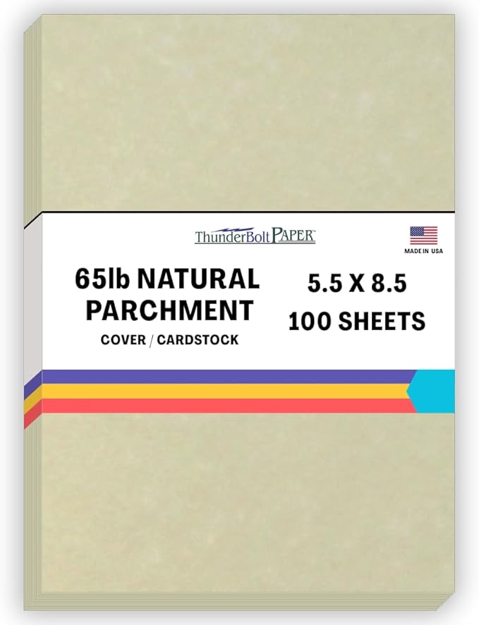 100 Natural Parchment 65lb Cover Paper Sheets 5.5" X 8.5" (5.5X8.5 Inches) Half Letter | Statement Size - Printable Old Parchment Semblance