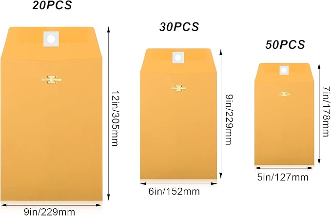 Zonon 100 Pieces 3 Sizes Clasp Envelopes Kraft Paper Catalog Clasp Envelope with Clasp Closure for Filing, Storing, Privacy Ensuring or Mailing Documents (9 x 12 Inch, 6 x 9 Inch, 5 x 7 Inch)