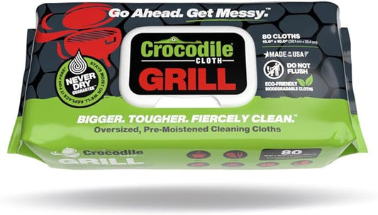 Crocodile Cloth Grill - 80 (15" x 10") Plant-based Cleaning Wipes. Safe on Skin & Multiple Surfaces. Infused with Aloe & Vitamin E. Large, Pre-Moistened & Absorbent.