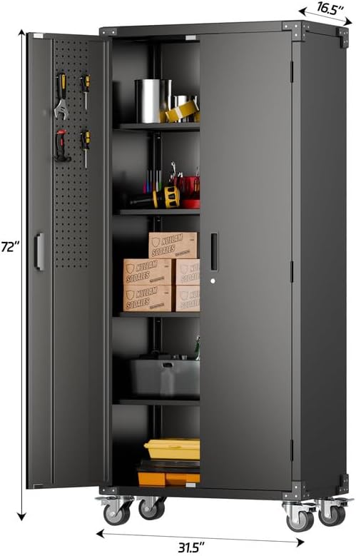Aobabo Garage Storage Cabinet with Wheels,72" H Metal Storage Cabinet with 2 Doors and 4 Adjustable Shelves for Garage Home, Black,Required-Assembly