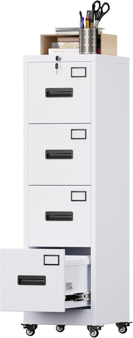 Aobabo 56" H 4 Drawer Moblie Office File Cabinet with Lock, Rolling Metal Filing Storage Cabinet, Legal/Letter A4 Size, White, Assembly Required