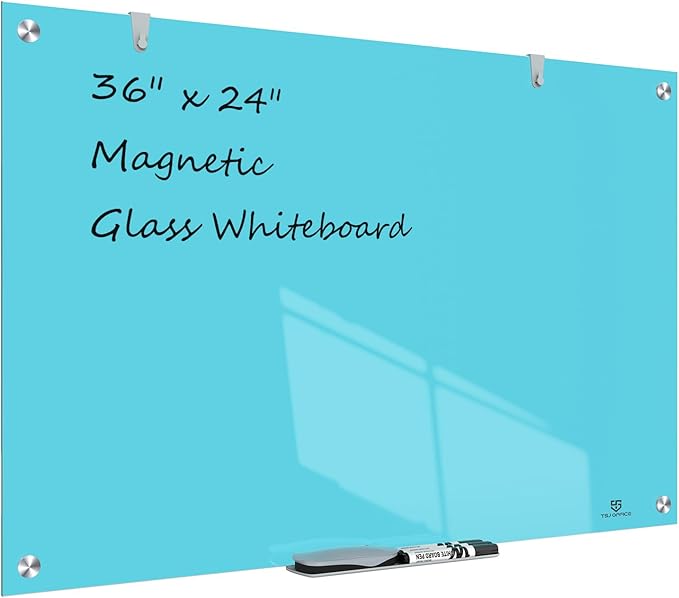 TSJ OFFICE Glass Dry-Erase Board - 36 x 24 Inches Wall Mounted Magnetic Whiteboard, Large Frameless Glass White Board for Office, Home & School, Blue