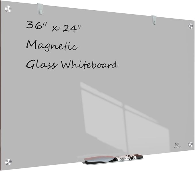 TSJ OFFICE Glass Dry-Erase Board - 36 x 24 Inches Wall Mounted Magnetic Whiteboard, Large Frameless Glass White Board for Office, Home & School, Gray