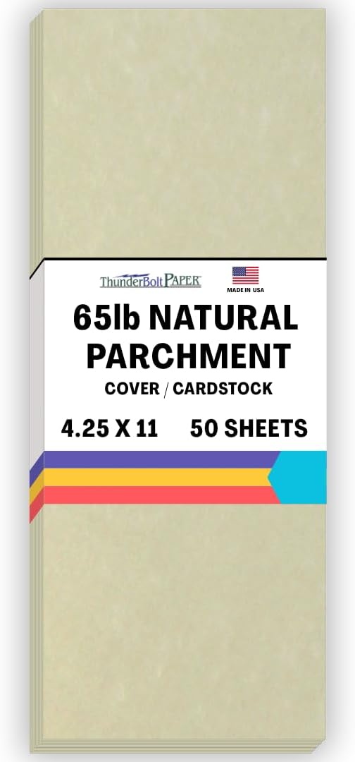 50 Natural Parchment 65lb Cover Paper Sheets 4.25 X 11 Inches Half Letter Size Cut Long - Cardstock Weight Colored Sheets - Printable Parchment Semblance