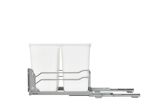 Rev-A-Shelf Double Pull-Out Trash Can for Under Kitchen Cabinets 27 Quart 12.5 Gallon with Soft-Close Slides, White, 53WC-1527SCDM-211
