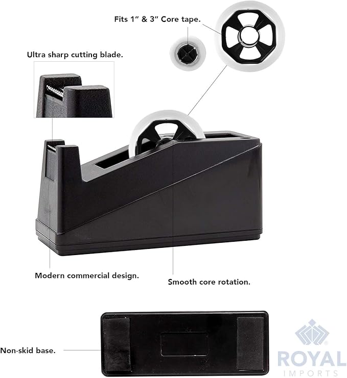 Royal Imports Desktop Tape Dispenser Adhesive Roll Holder (Fits 1" & 3" Core) Heavy Duty Premium for Office, Home, School, Library, Crafts, Moving, Giftwrapping with Weighted Nonskid Base, Blue