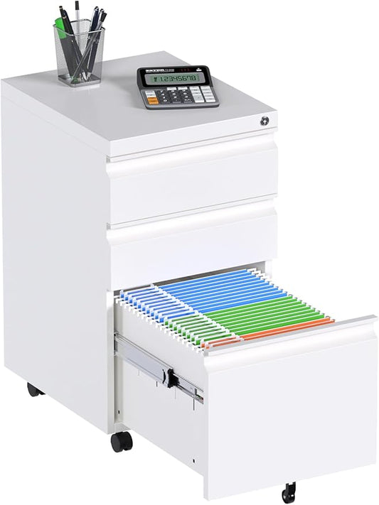 3 Drawer Mobile File Cabinet with Lock, Under Desk Metal Filing Cabinet for Hanging Files Letter/Legal/A4 Size for Home Office, Fully Assembled Except Wheels, White