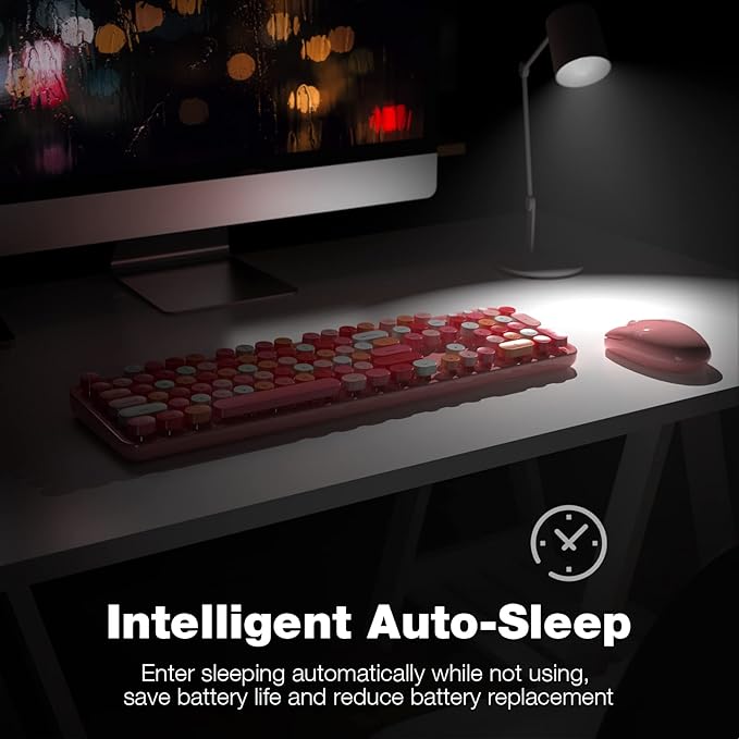 Wireless Keyboard and Mouse Combo, 104 Keys Full-Sized 2.4 GHz Round Keycap Colorful Keyboards, USB Receiver Plug and Play, for Windows, PC, Laptop, Desktop (Pink)
