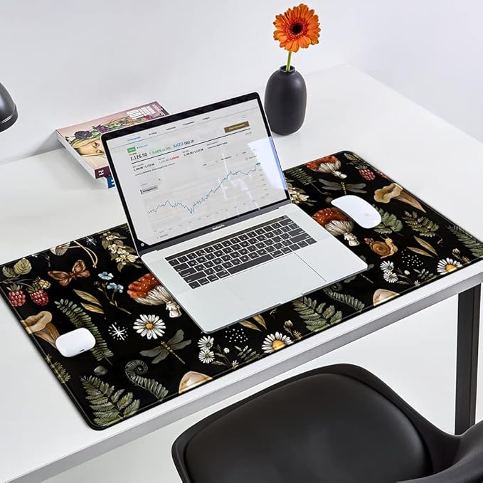 Black Mouse Pad Cottage Core Aesthetic Mouse Pads Mushroom Desk Pad Vintage Mouse Pad Forest Magic Nature Large Desk Pad Ergonomic Mouse Pads with Stitched Edges Non-Slip Computer Mat 31.5x15.7 in