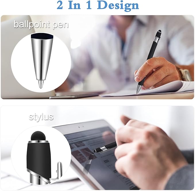 12 Pieces Ballpoint Pen with Stylus Tip, 1.0 mm Black Ink Metal Pen Stylus Pen for Touch Screens, 2 in 1 Stylus Ballpoint Pen (Black)