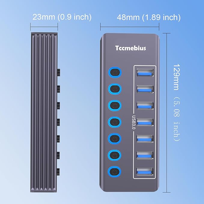 Powered 7-Port USB 3.0 Hub, USB C to 7 Ports USB Data Hub Splitter with Individual LED On/Off Switche, 3.3FT Cable, 12V/3A Power Adapter, for Laptop MacBook Pro/Air PC (Aluminum Gary)