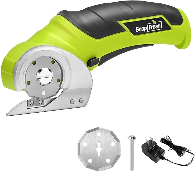 SnapFresh Cordless Electric Scissors, 4V Electric Mini Box Cutter, Carpet & Cardboard Cutter Tool with a Replacement Blade/Charger, Rotary Cutter for Cardboard Packages Leather Plastic (Green)