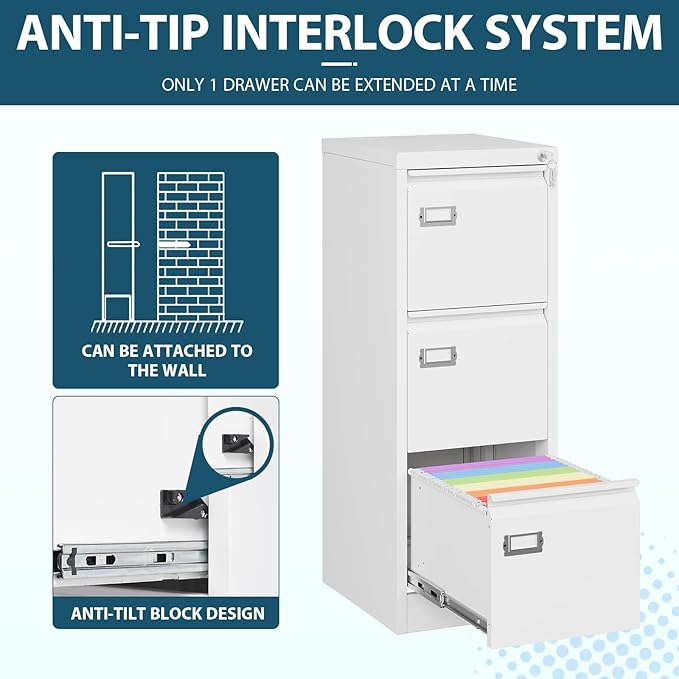 MIIIKO 3 Drawer File Cabinet, White Vertical Filing Cabinets with Lock, Home Office File Folders Storage Cabinet for Letter Legal A4 File Size